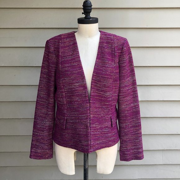 St. John Collarless Woven Fuchsia Multicolor Tweed Boucle Blazer Jacket 8 2019 - Picture 3 of 16
